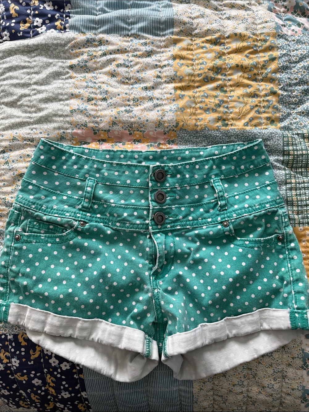 1st Kiss Green Polka Dot High-Waist Shorts